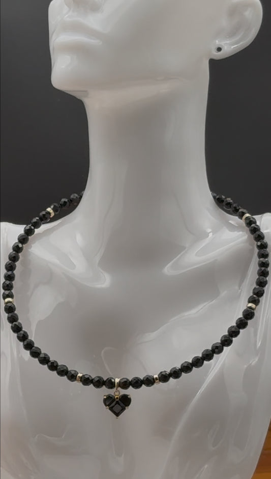 Black Agate Choker with Zircon Heart Charm Pendant